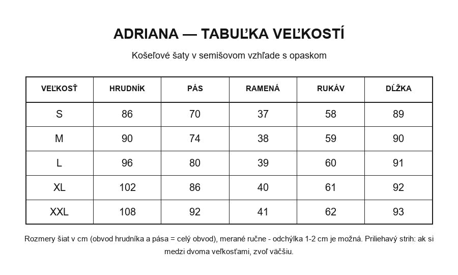 Tabuľka veľkostí Adriana