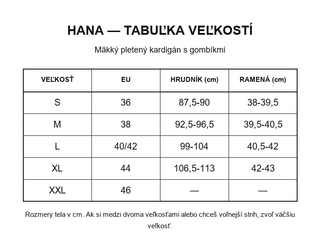 Hana - tabuľka veľkostí