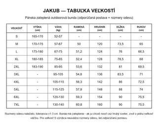 Jakub - tabuľka veľkostí