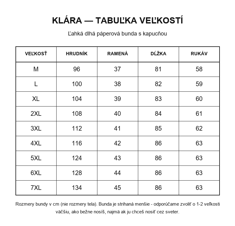 Klára tabuľka veľkostí