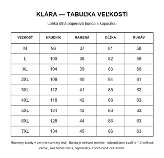 Klára tabuľka veľkostí