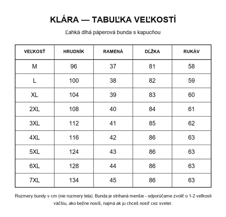 Klára tabuľka veľkostí