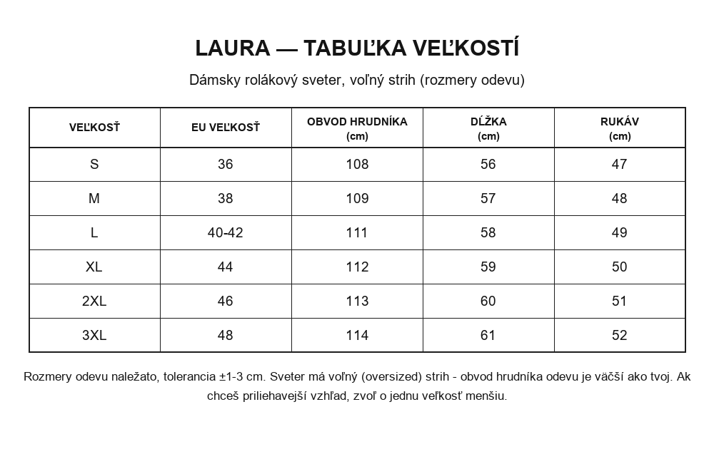 Laura - tabuľka veľkostí