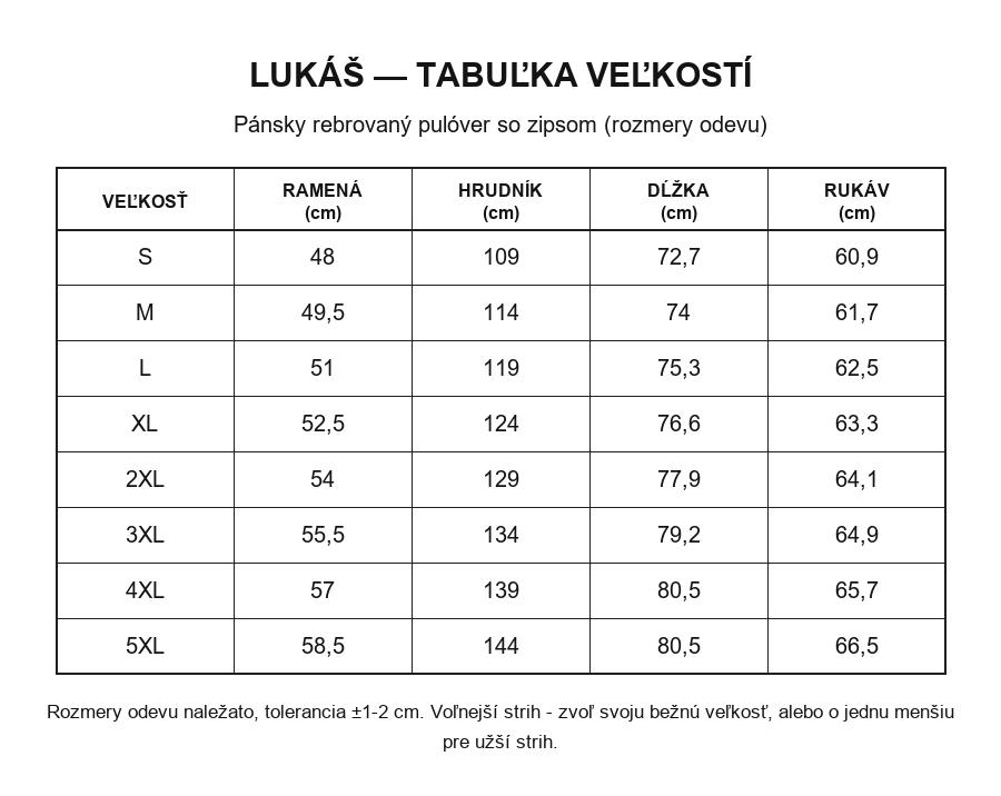 Lukáš - tabuľka veľkostí