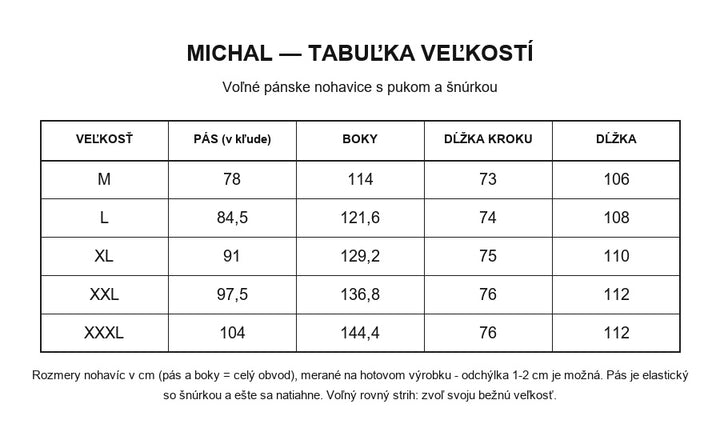 Michal tabuľka veľkostí