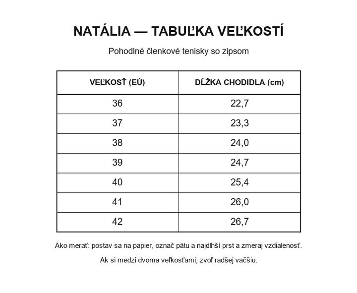 Natália - tabuľka veľkostí