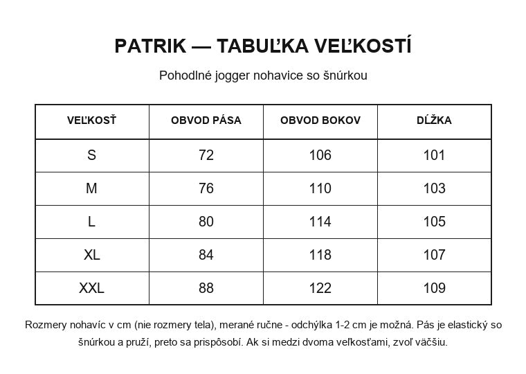 Patrik - tabuľka veľkostí