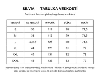 Silvia - tabuľka veľkostí