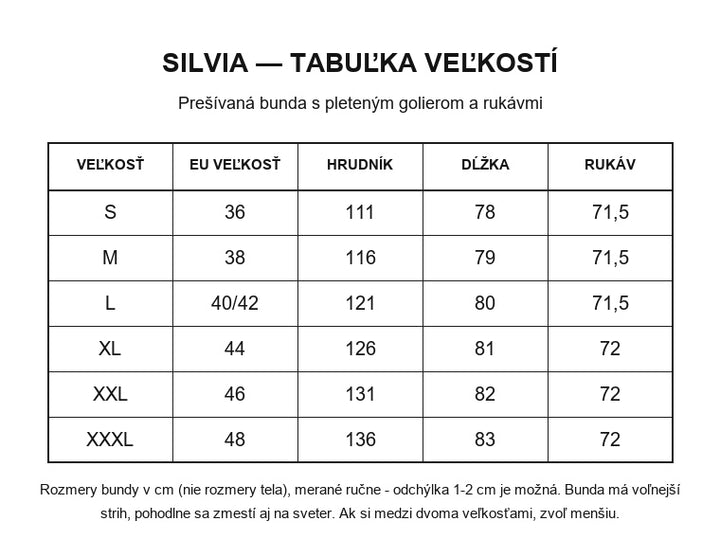 Silvia - tabuľka veľkostí