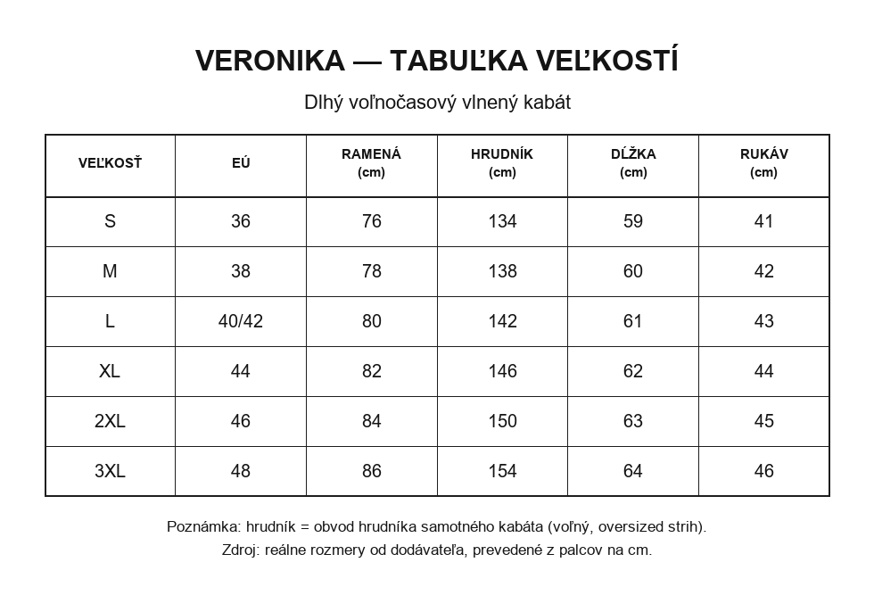 Veronika - tabuľka veľkostí