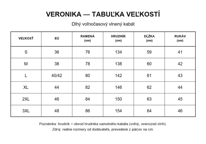Veronika - tabuľka veľkostí