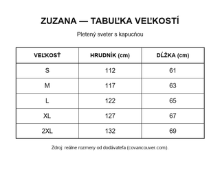 Zuzana - tabuľka veľkostí